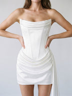 Ivory Matte Satin Sheath Scoop Neck Lace-Up Back Short Dress with Pleating - Curvevia