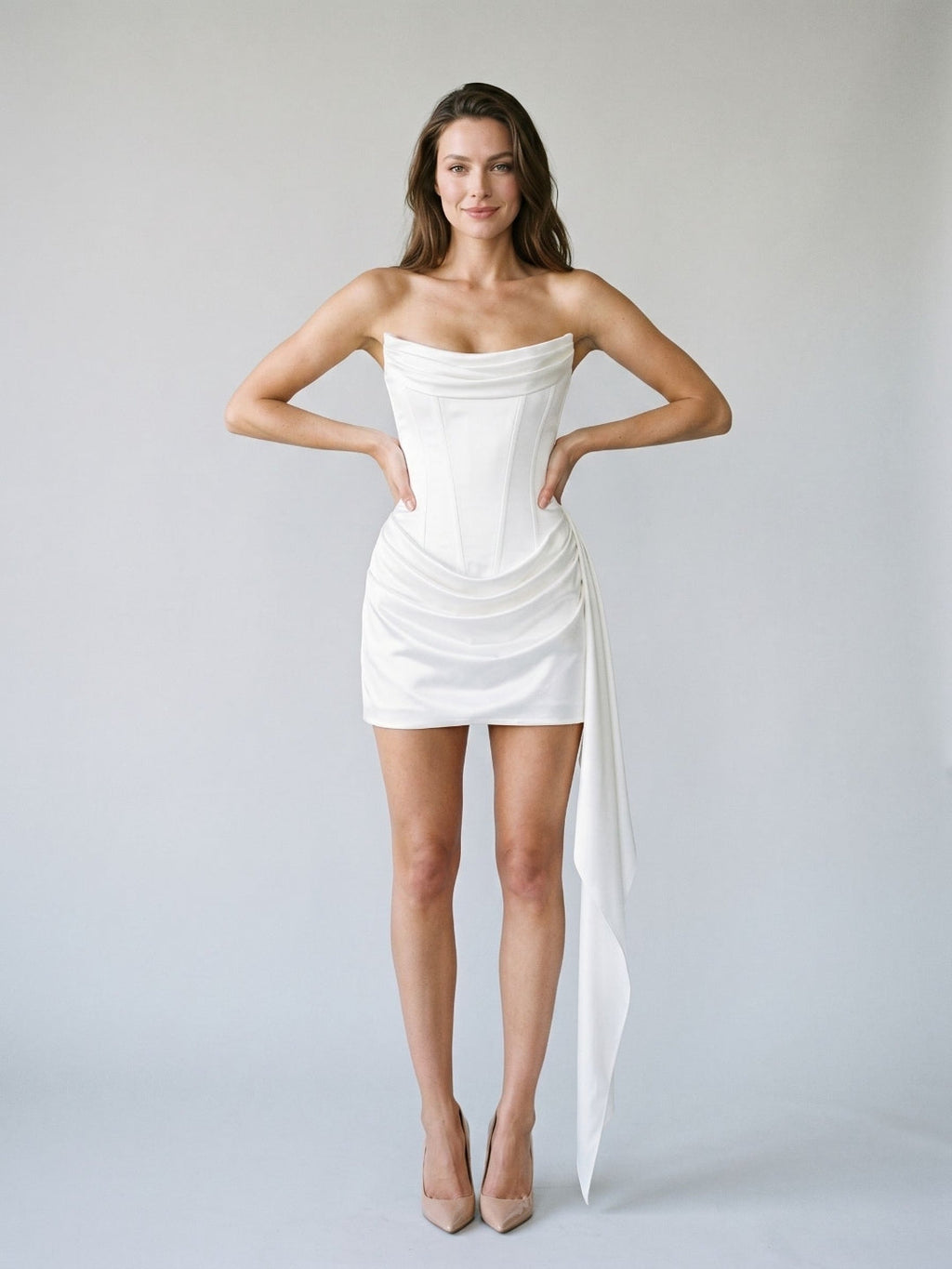 Ivory Matte Satin Sheath Scoop Neck Lace-Up Back Short Dress with Pleating - Curvevia