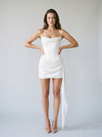 Ivory Matte Satin Sheath Scoop Neck Lace-Up Back Short Dress with Pleating - Curvevia