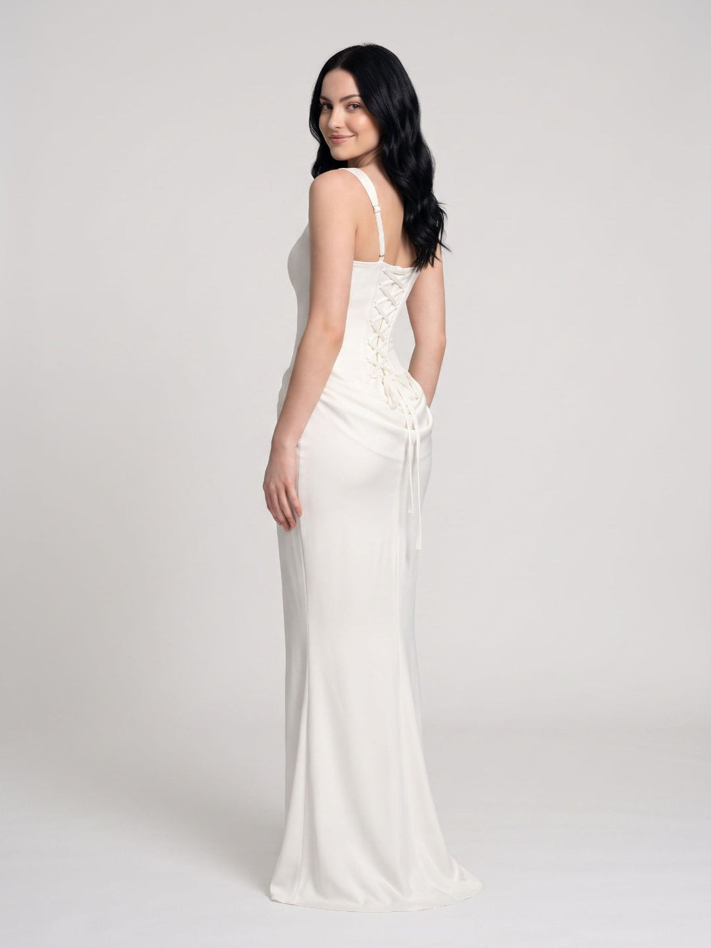 Ivory Satin Mermaid Square Neck Lace-Up Back Floor Length Dress - Curvevia
