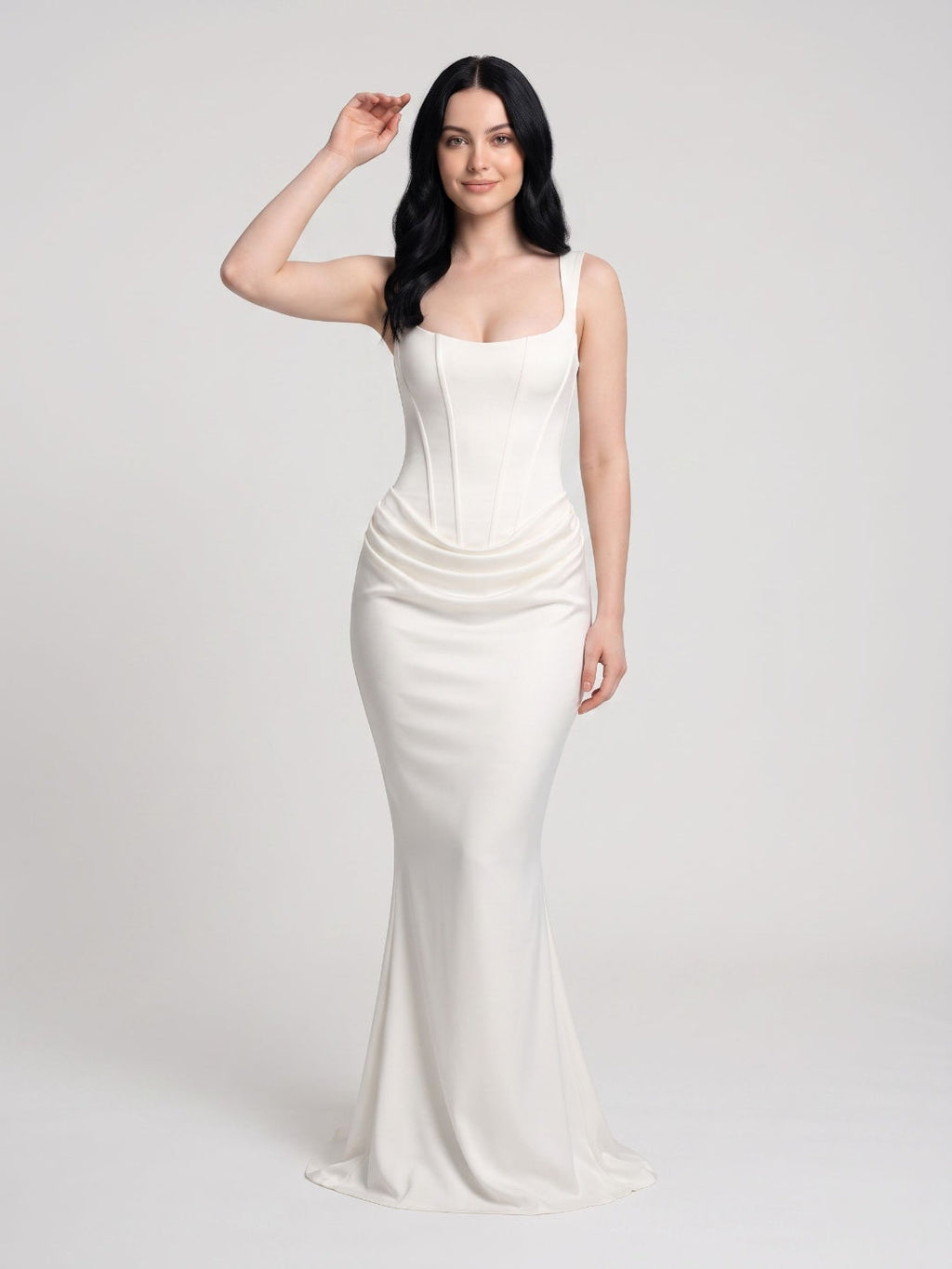 Ivory Satin Mermaid Square Neck Lace-Up Back Floor Length Dress - Curvevia