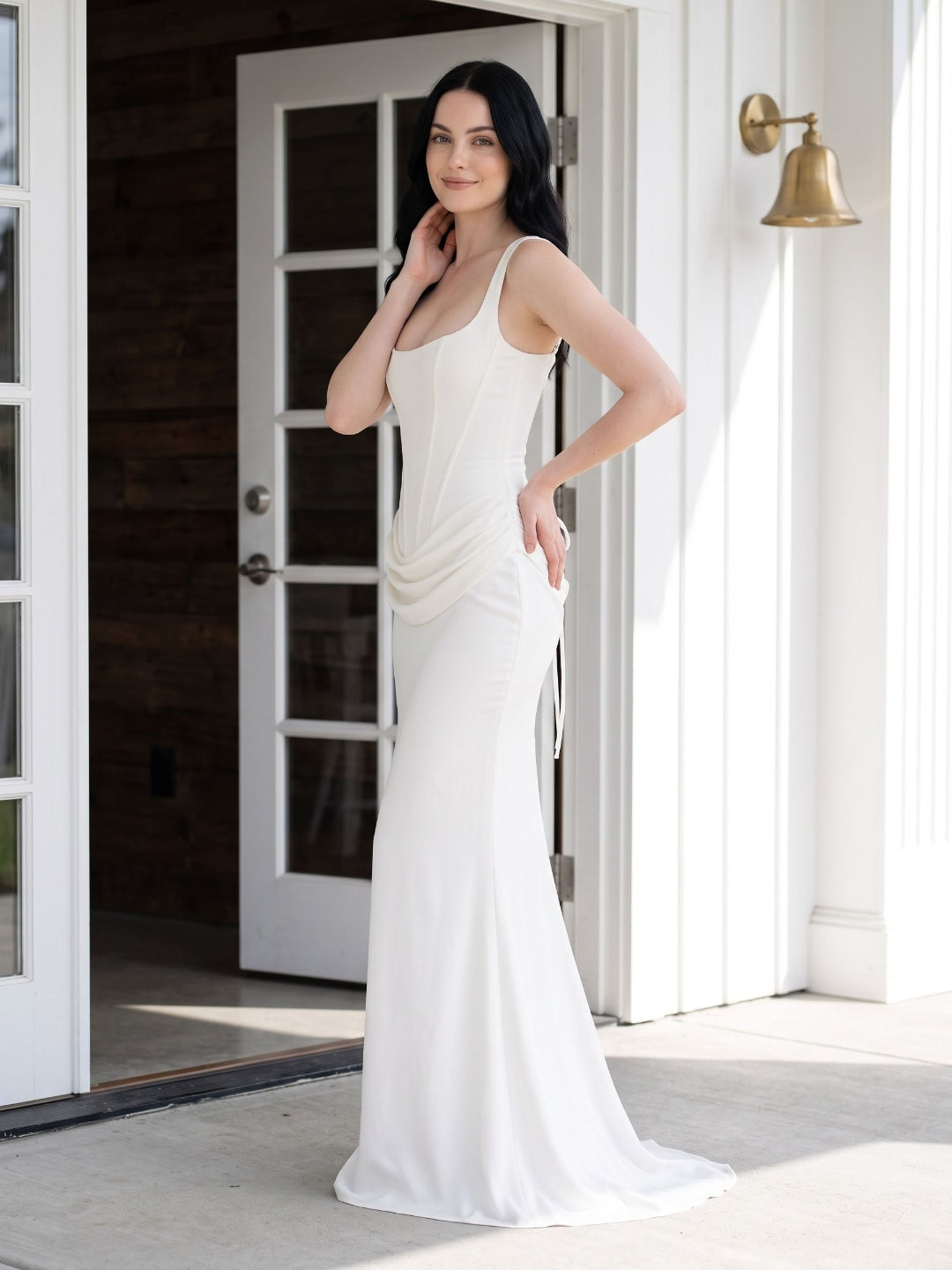 Ivory Satin Mermaid Square Neck Lace-Up Back Floor Length Dress - Curvevia