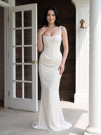 Ivory Satin Mermaid Square Neck Lace-Up Back Floor Length Dress - Curvevia