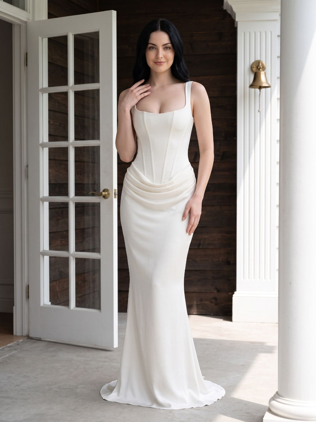 Ivory Satin Mermaid Square Neck Lace-Up Back Floor Length Dress - Curvevia
