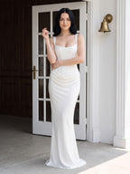 Ivory Satin Mermaid Square Neck Lace-Up Back Floor Length Dress - Curvevia