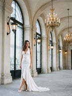 Ivory Matte Satin Sheath V-Neck Corset Back Floor-Length Formal Dress with Pleating - Curvevia