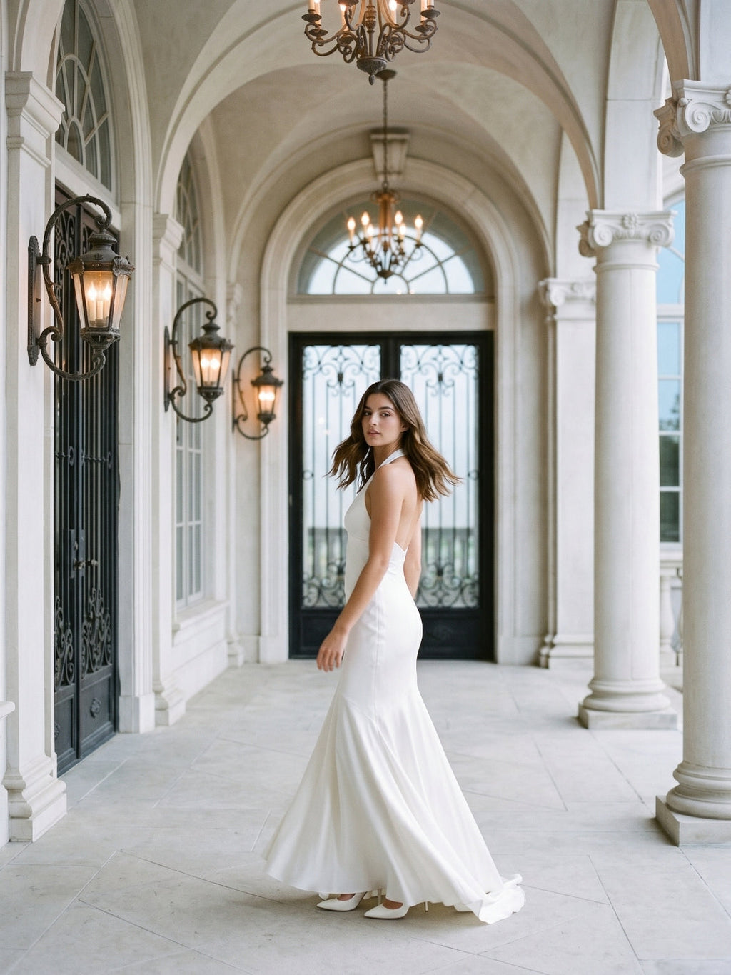 Ivory Matte Satin Sheath V-Neck Corset Back Floor-Length Formal Dress with Pleating - Curvevia