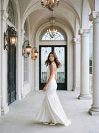 Ivory Matte Satin Sheath V-Neck Corset Back Floor-Length Formal Dress with Pleating - Curvevia