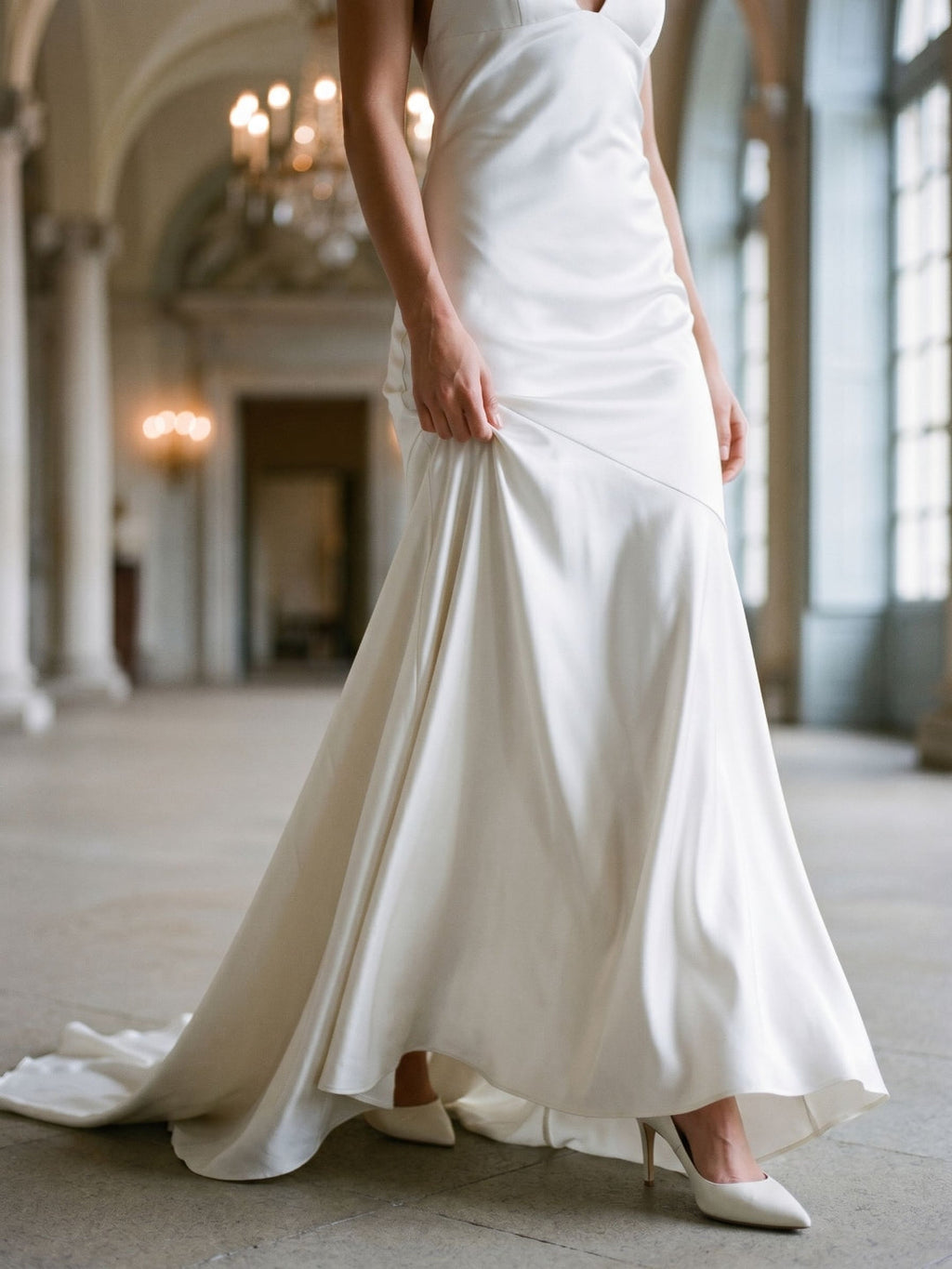 Ivory Matte Satin Sheath V-Neck Corset Back Floor-Length Formal Dress with Pleating - Curvevia