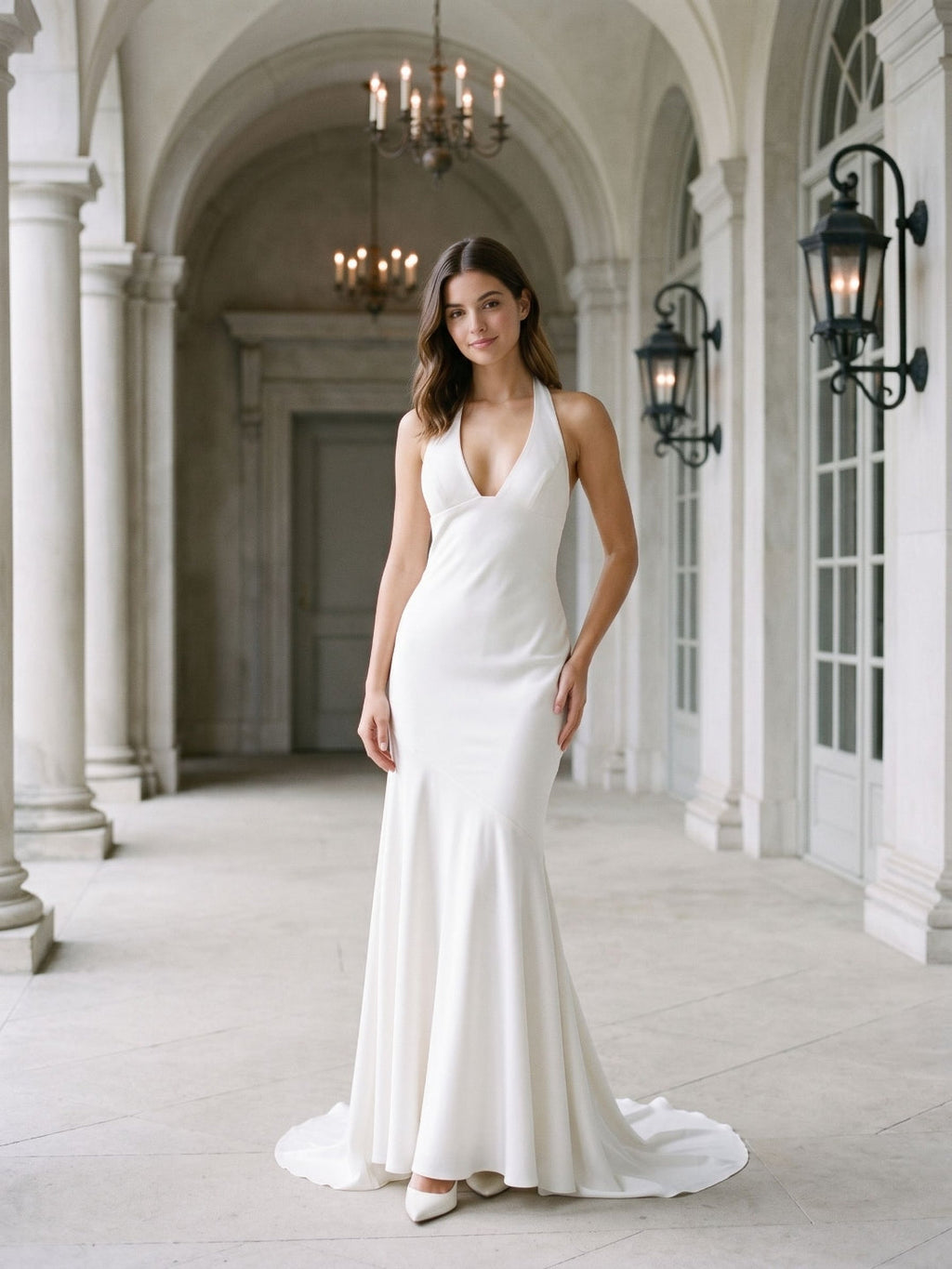 Ivory Matte Satin Sheath V-Neck Corset Back Floor-Length Formal Dress with Pleating - Curvevia