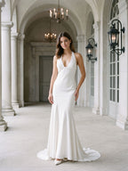 Ivory Matte Satin Sheath V-Neck Corset Back Floor-Length Formal Dress with Pleating - Curvevia