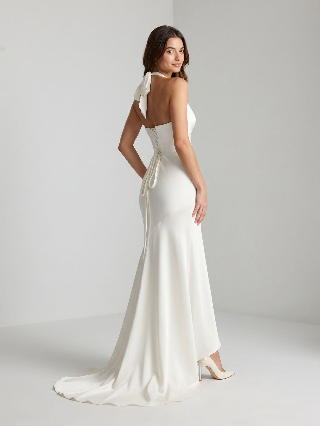 Ivory Matte Satin Sheath V-Neck Corset Back Floor-Length Formal Dress with Pleating - Curvevia