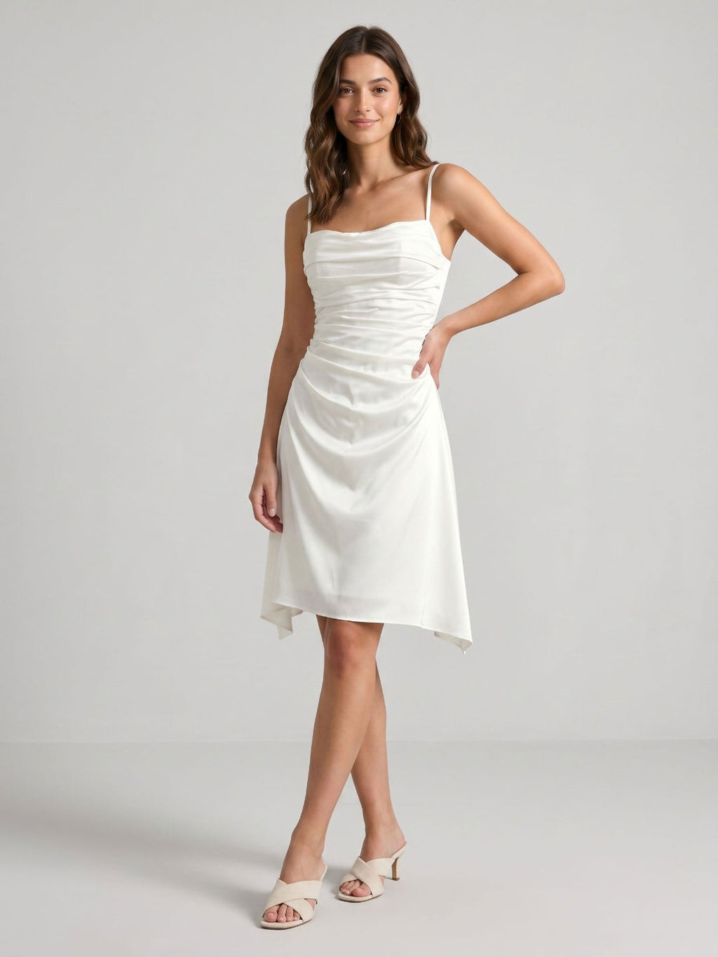 Ivory Satin A-Line Cowl Neck Back Zip Asymmetrical Dress with Pleating - Curvevia