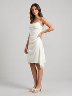 Ivory Satin A-Line Cowl Neck Back Zip Asymmetrical Dress with Pleating - Curvevia
