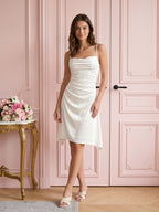 Ivory Satin A-Line Cowl Neck Back Zip Asymmetrical Dress with Pleating - Curvevia