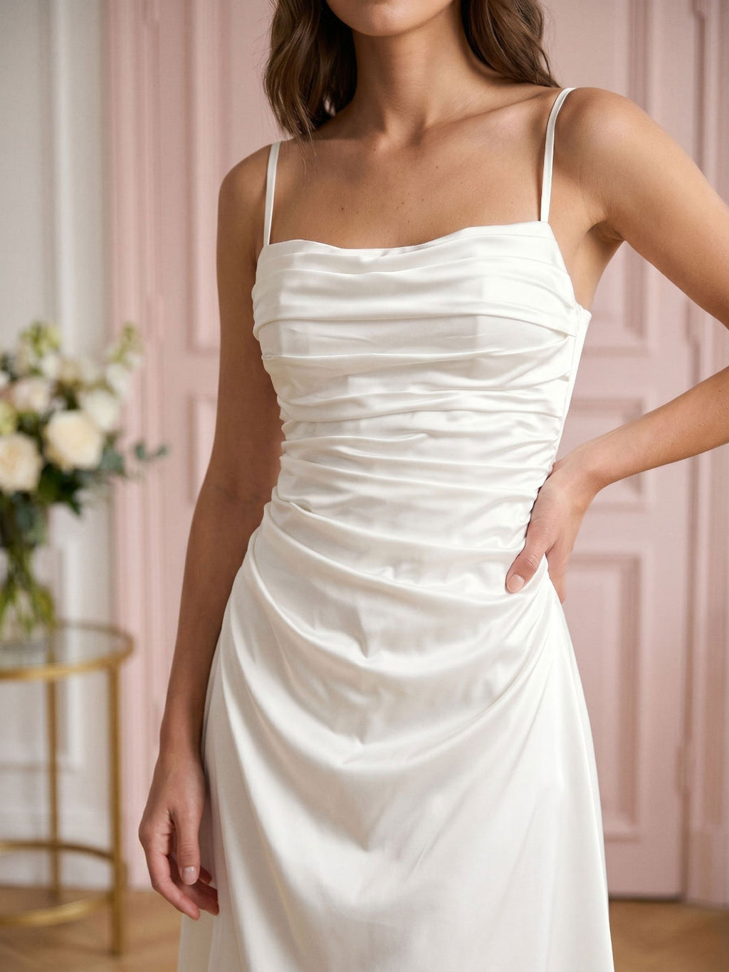 Ivory Satin A-Line Cowl Neck Back Zip Asymmetrical Dress with Pleating - Curvevia