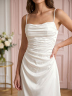 Ivory Satin A-Line Cowl Neck Back Zip Asymmetrical Dress with Pleating - Curvevia