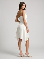 Ivory Satin A-Line Cowl Neck Back Zip Asymmetrical Dress with Pleating - Curvevia