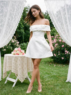 Ivory Satin A-Line Off-the-Shoulder Back Zip Short Dress with 3D Flowers - Curvevia