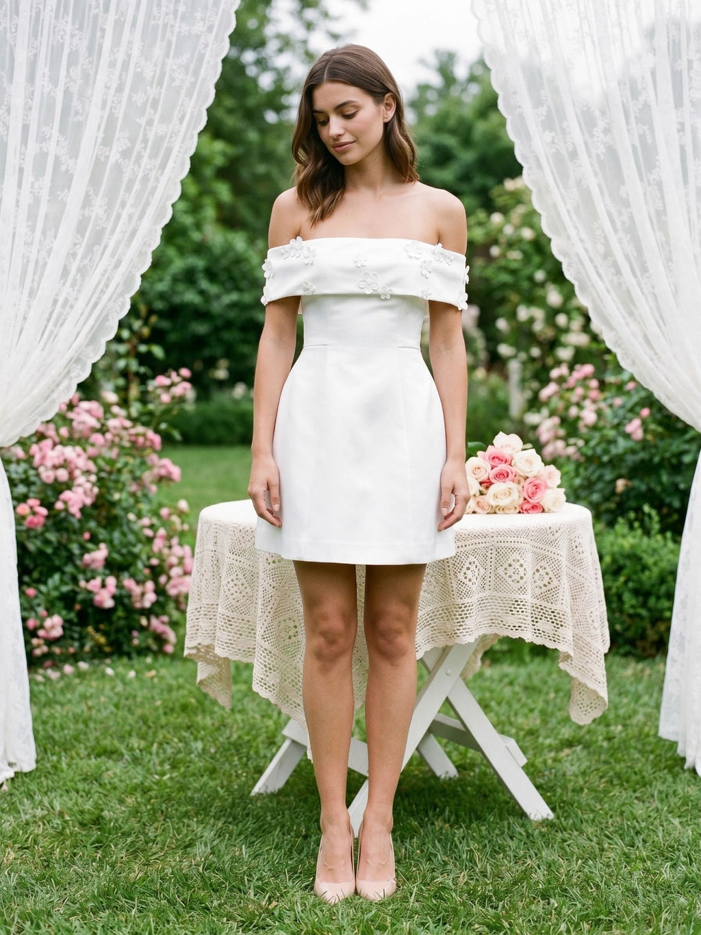 Ivory Satin A-Line Off-the-Shoulder Back Zip Short Dress with 3D Flowers - Curvevia