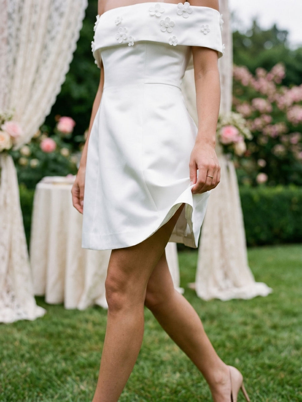 Ivory Satin A-Line Off-the-Shoulder Back Zip Short Dress with 3D Flowers - Curvevia