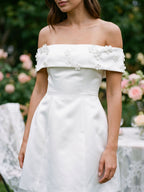 Ivory Satin A-Line Off-the-Shoulder Back Zip Short Dress with 3D Flowers - Curvevia