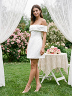 Ivory Satin A-Line Off-the-Shoulder Back Zip Short Dress with 3D Flowers - Curvevia