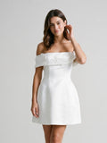 Ivory Satin A-Line Off-the-Shoulder Back Zip Short Dress with 3D Flowers - Curvevia
