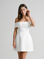 Ivory Satin A-Line Off-the-Shoulder Back Zip Short Dress with 3D Flowers - Curvevia