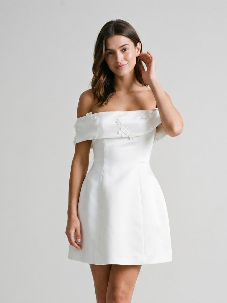 Ivory Satin A-Line Off-the-Shoulder Back Zip Short Dress with 3D Flowers - Curvevia