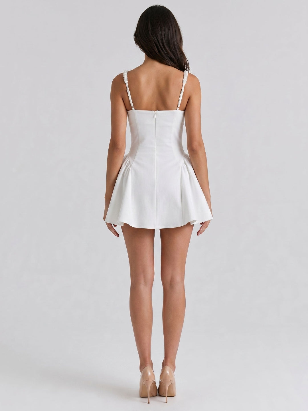 Ivory Satin A-Line Square Neck Back Zip Short Dress with Beading - Curvevia