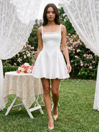 Ivory Satin A-Line Square Neck Back Zip Short Dress with Beading - Curvevia