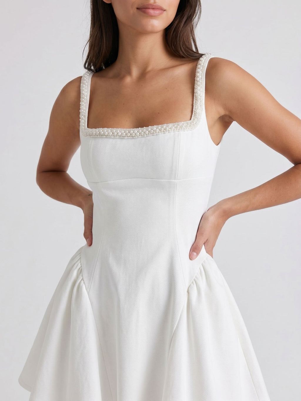 Ivory Satin A-Line Square Neck Back Zip Short Dress with Beading - Curvevia