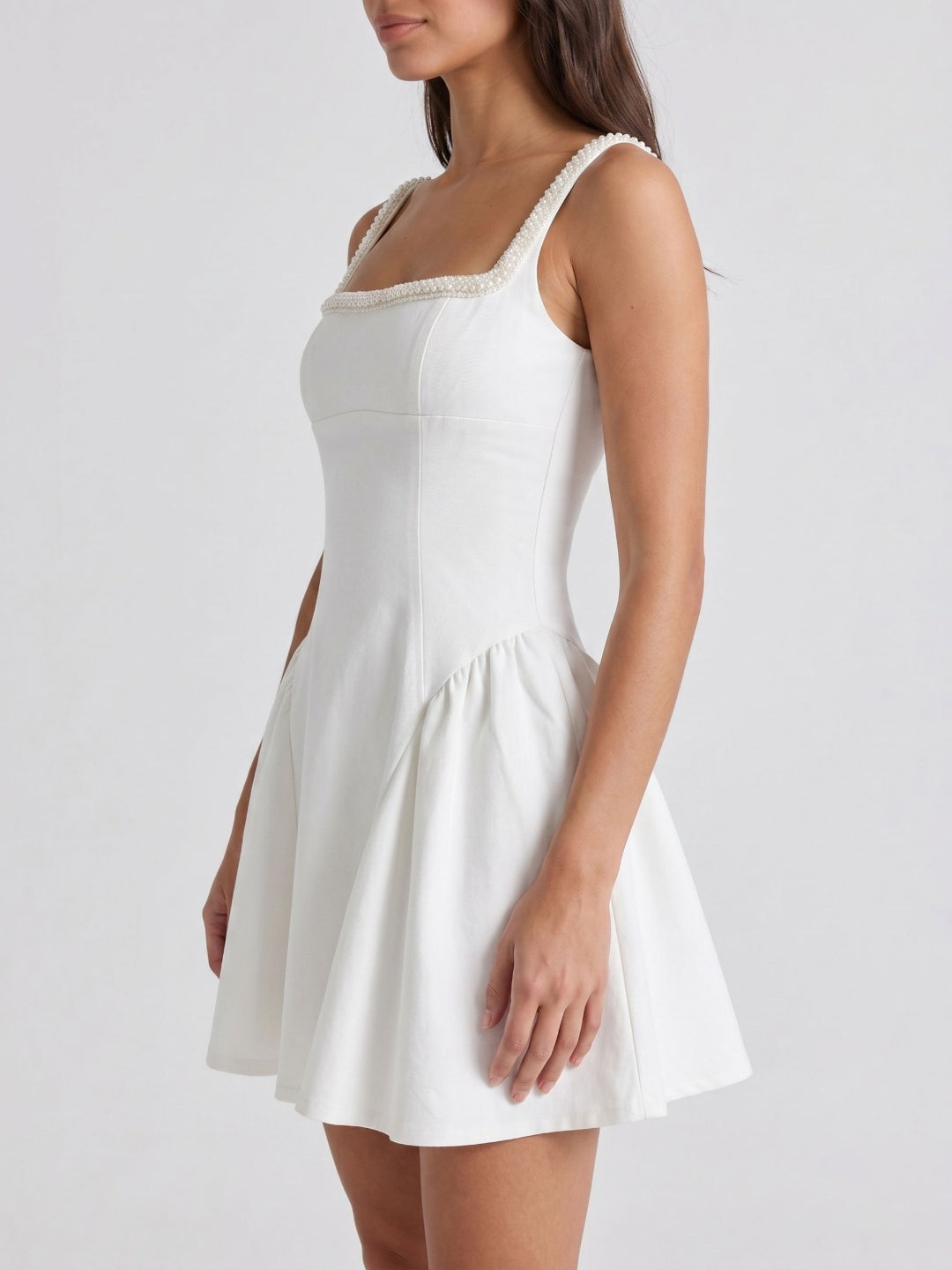 Ivory Satin A-Line Square Neck Back Zip Short Dress with Beading - Curvevia