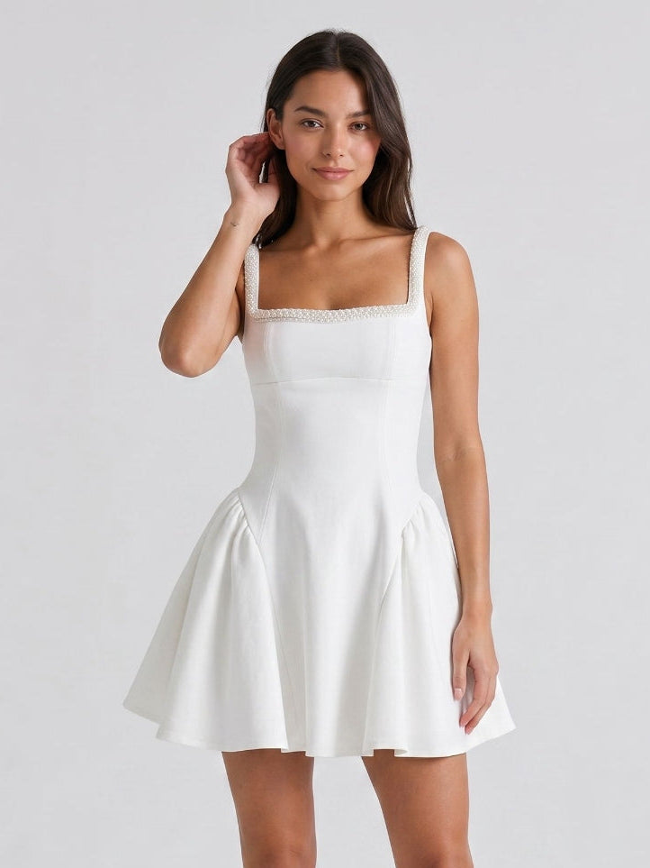 Ivory Satin A-Line Square Neck Back Zip Short Dress with Beading - Curvevia