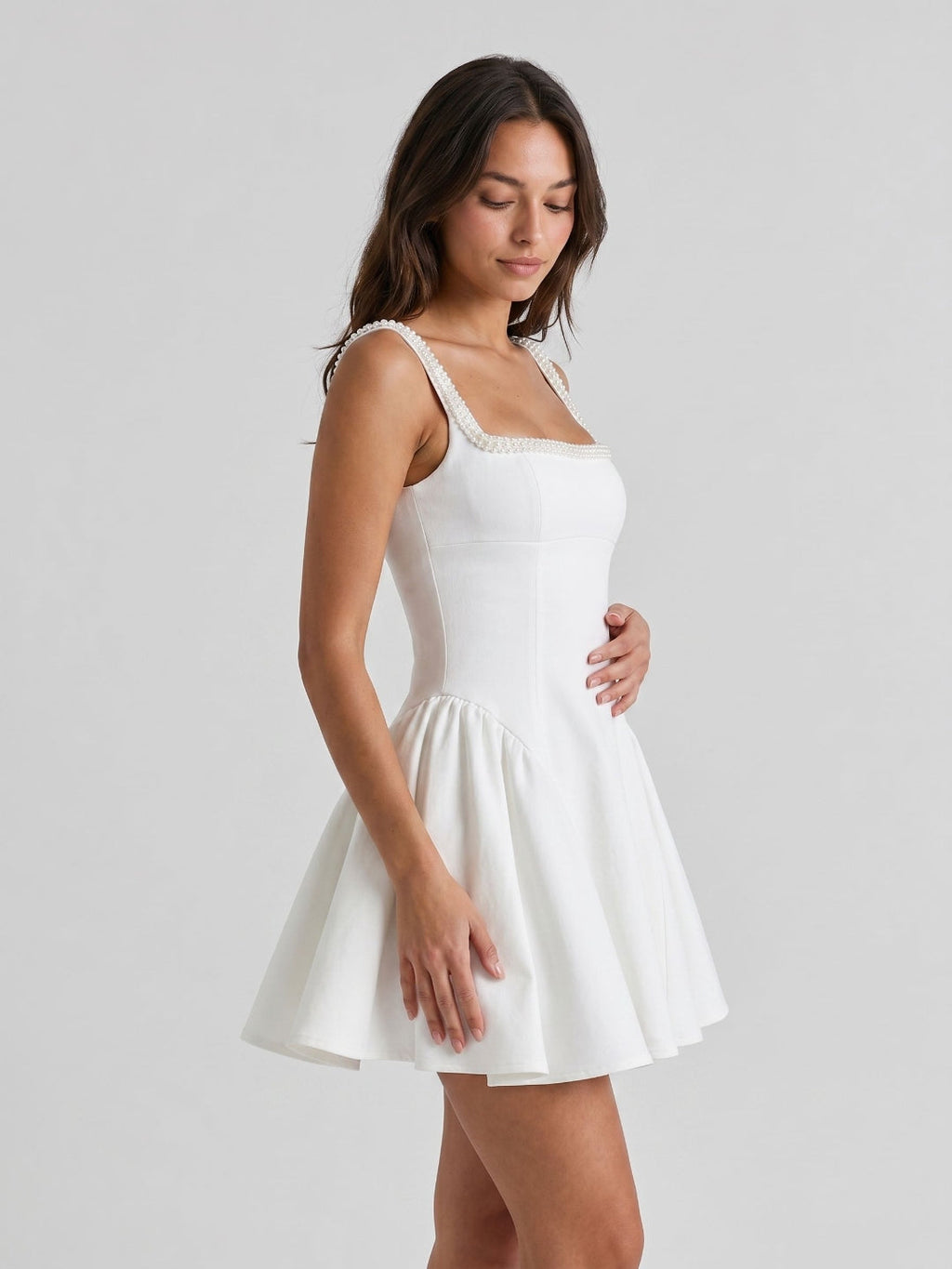 Ivory Satin A-Line Square Neck Back Zip Short Dress with Beading - Curvevia