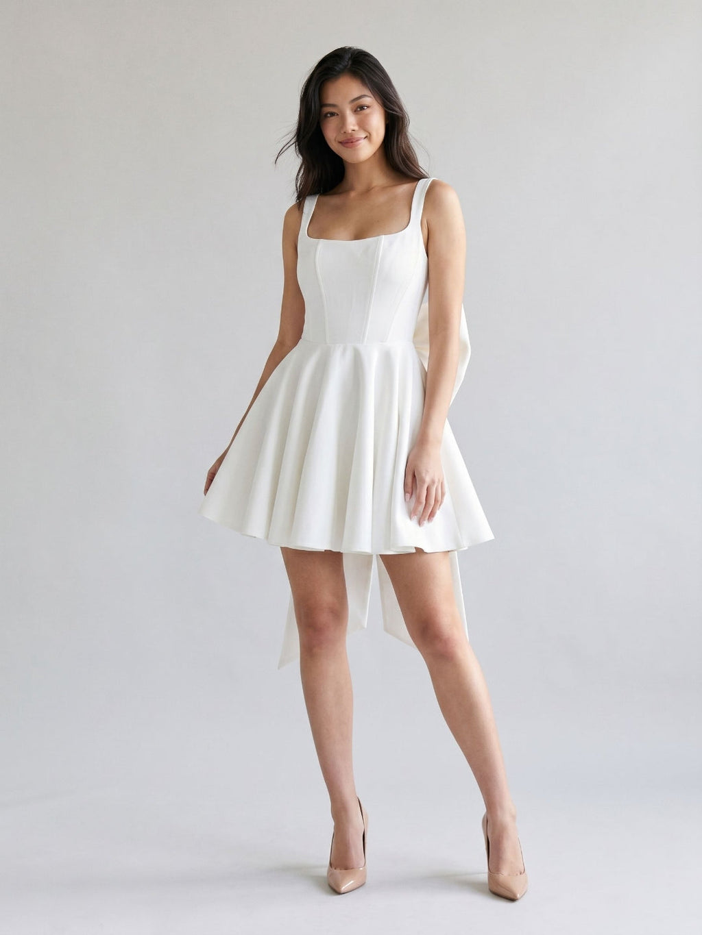 Ivory Satin A-Line Square Neck Backless Short Dress with Bow - Curvevia