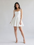 Ivory Satin A-Line Square Neck Backless Short Dress with Bow - Curvevia