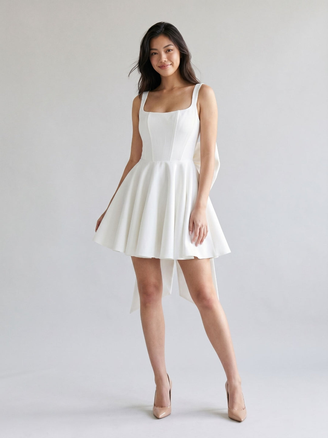 Ivory Satin A-Line Square Neck Backless Short Dress with Bow - Curvevia