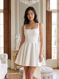 Ivory Satin A-Line Square Neck Backless Short Dress with Bow - Curvevia