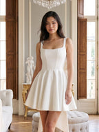 Ivory Satin A-Line Square Neck Backless Short Dress with Bow - Curvevia