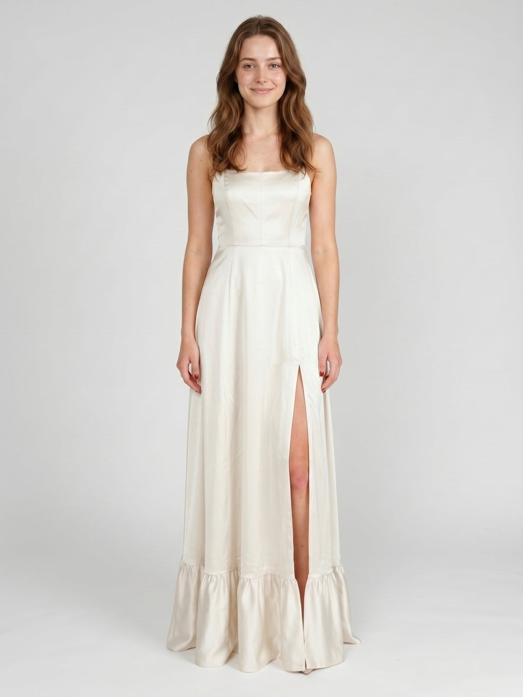 Ivory Satin A-Line Square Neck Criss-Cross Bridesmaid Dress - Curvevia