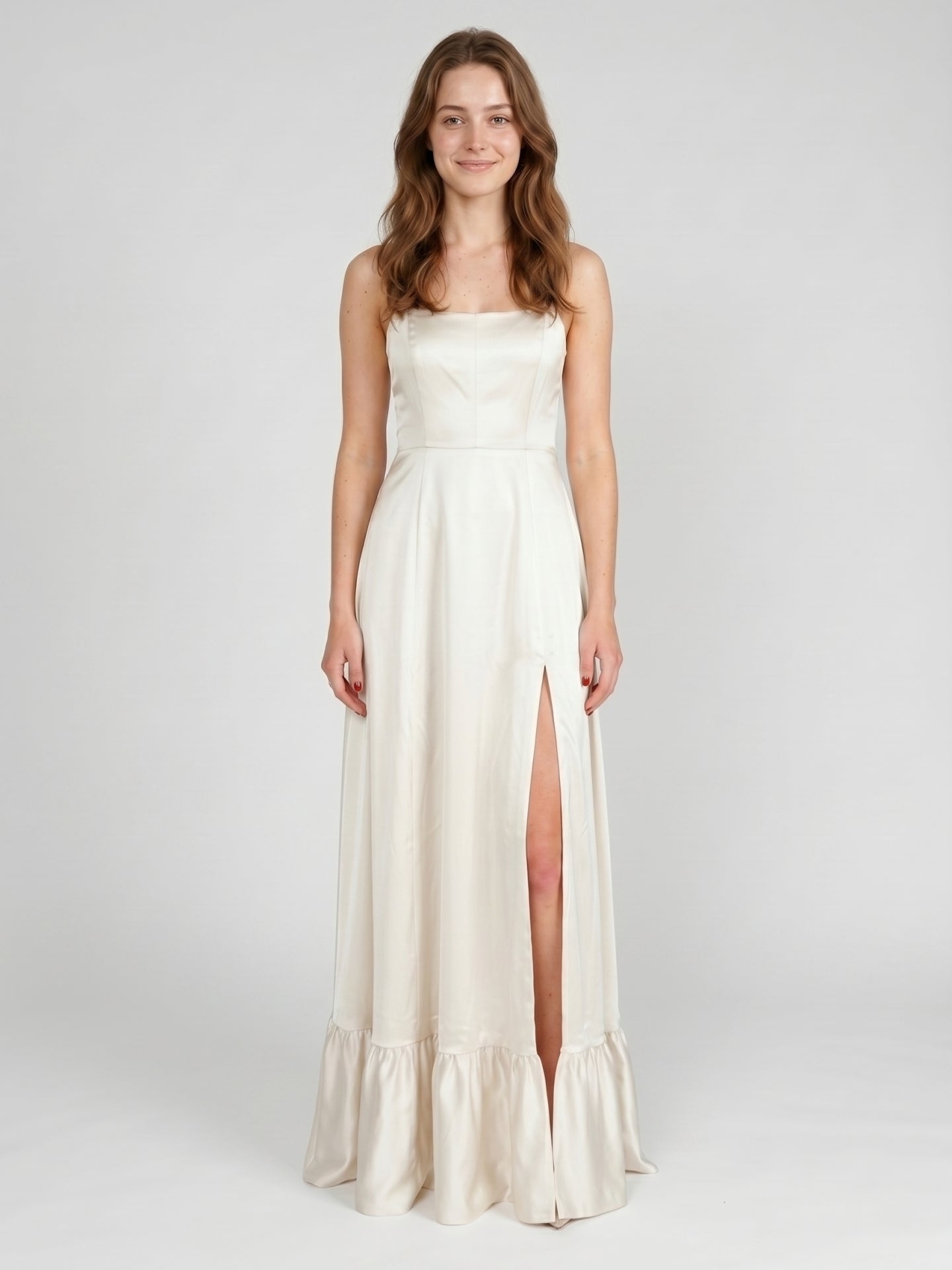 Ivory Satin A-Line Square Neck Criss-Cross Bridesmaid Dress - Curvevia