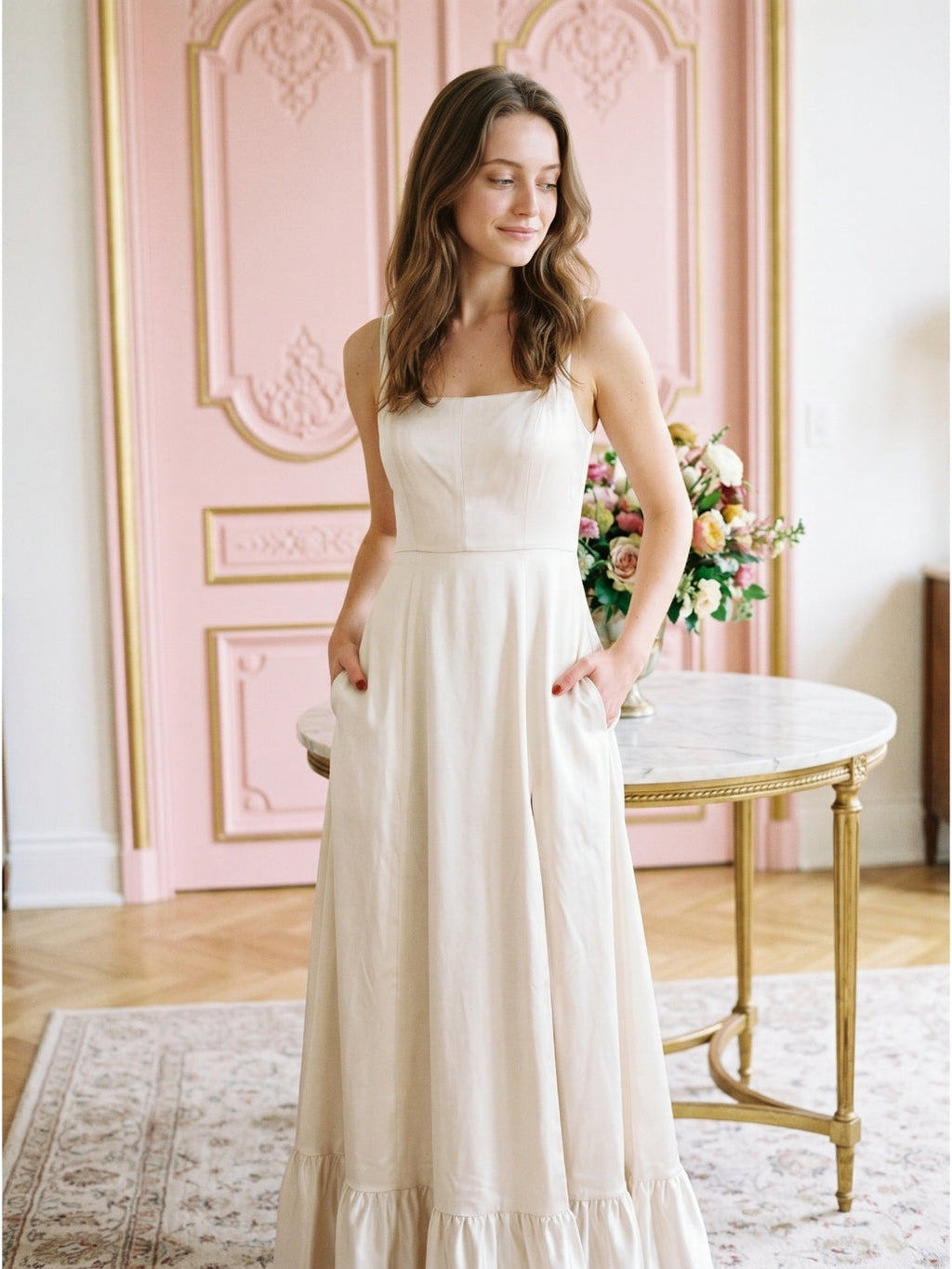 Ivory Satin A-Line Square Neck Criss-Cross Bridesmaid Dress - Curvevia