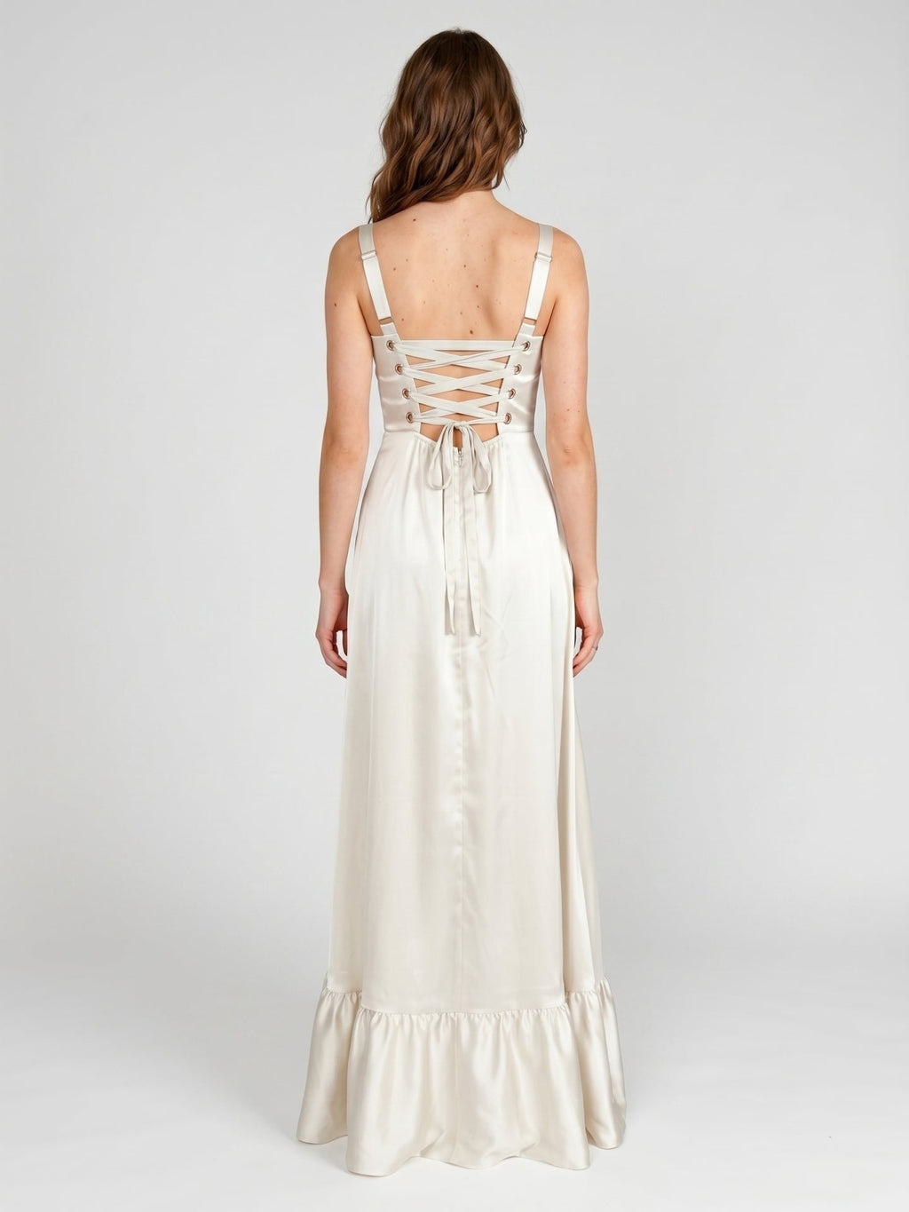 Ivory Satin A-Line Square Neck Criss-Cross Bridesmaid Dress - Curvevia