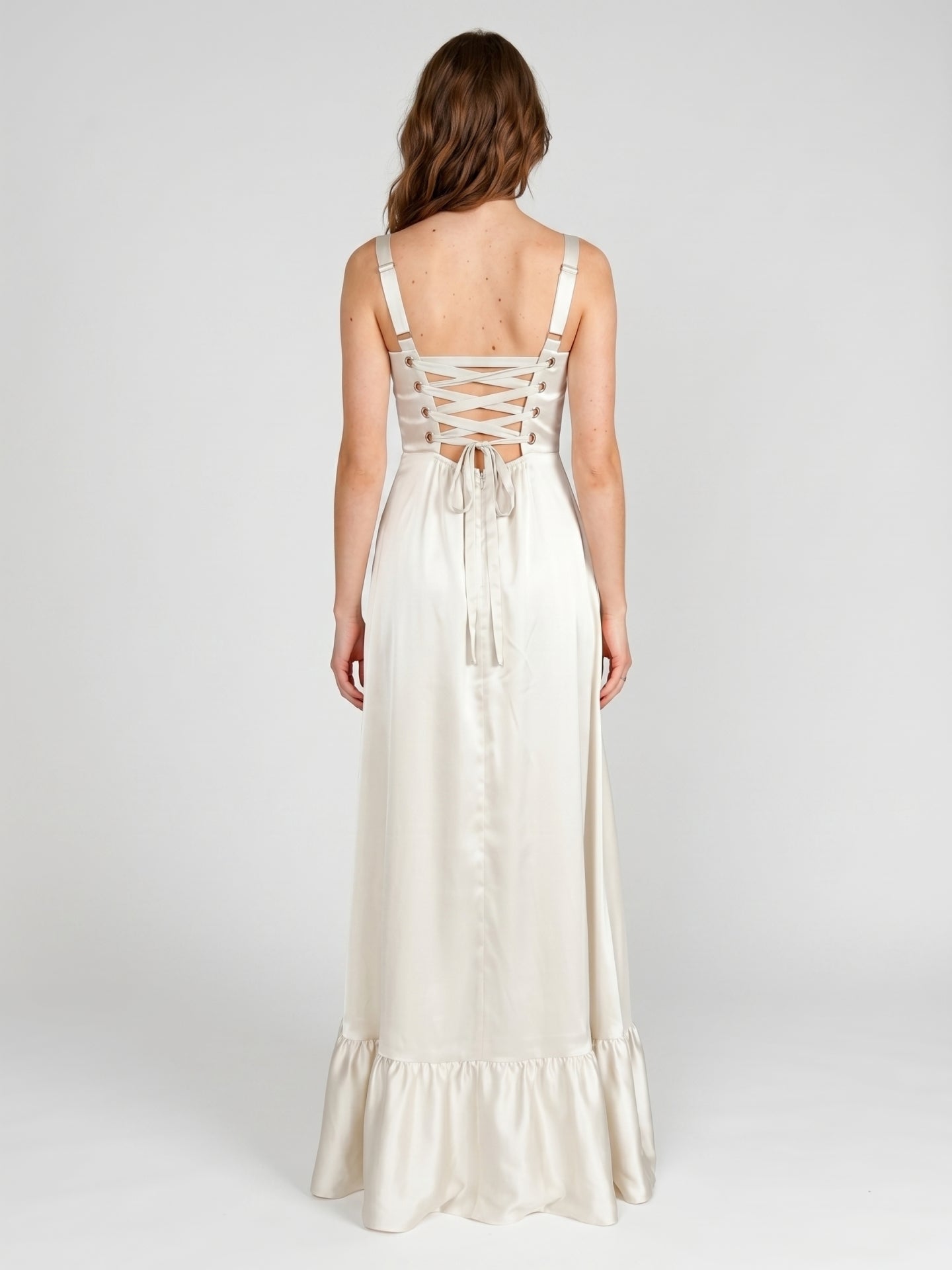 Ivory Satin A-Line Square Neck Criss-Cross Bridesmaid Dress - Curvevia