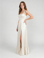 Ivory Satin A-Line Square Neck Criss-Cross Bridesmaid Dress - Curvevia
