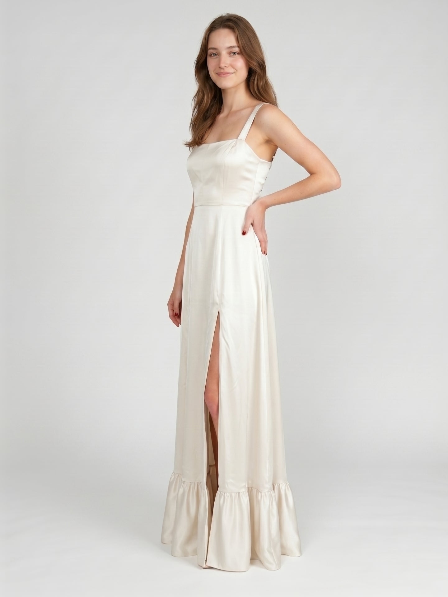 Ivory Satin A-Line Square Neck Criss-Cross Bridesmaid Dress - Curvevia