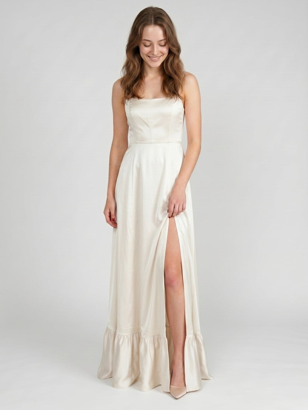Ivory Satin A-Line Square Neck Criss-Cross Bridesmaid Dress - Curvevia