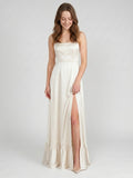 Ivory Satin A-Line Square Neck Criss-Cross Bridesmaid Dress - Curvevia